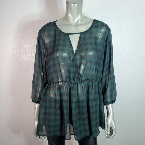 Torrid‎ Gingham Chiffon Surplice Peplum Blouse Plus Sz 1X Sheer 3/4 Sleeve Green - Picture 2 of 6